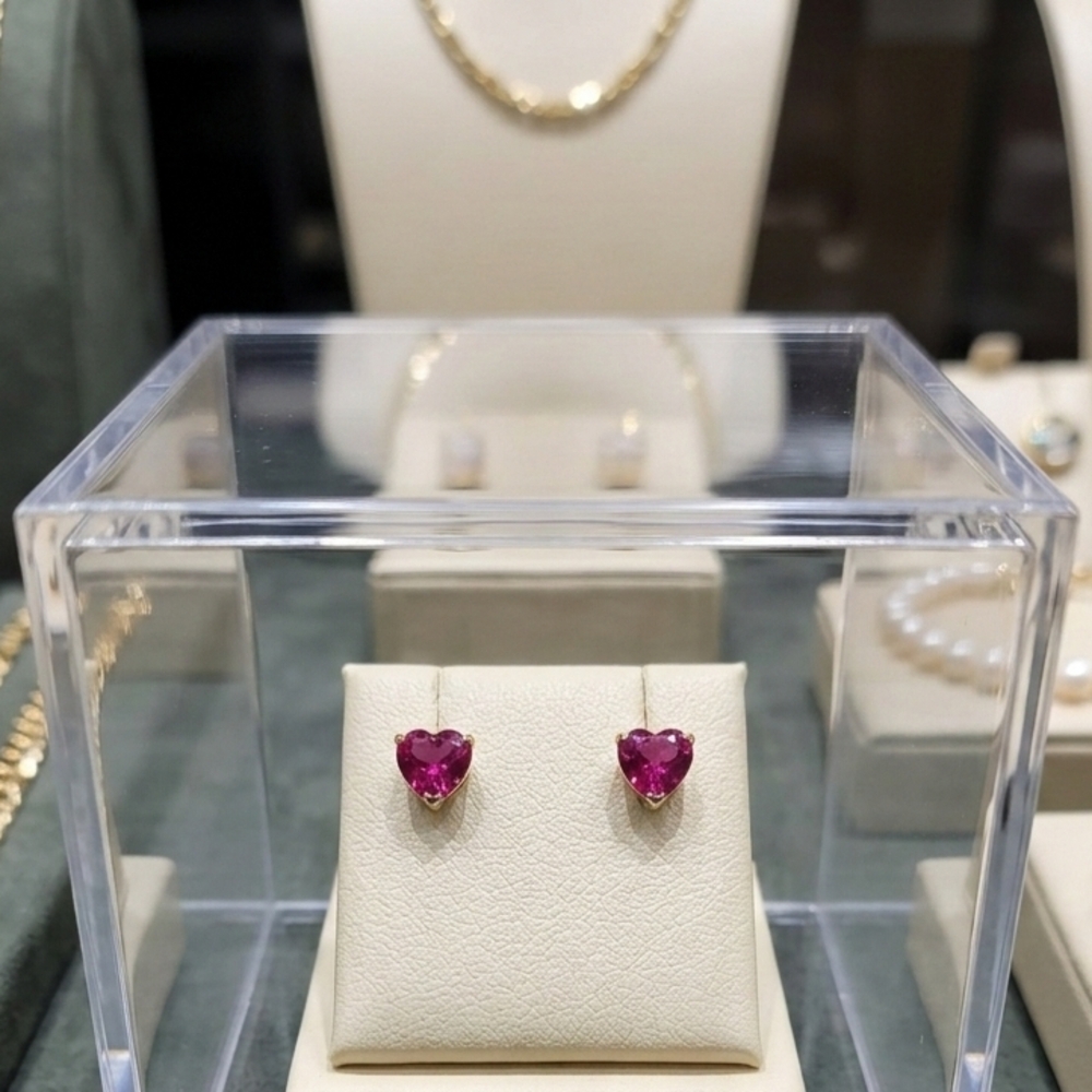 Heart-Shaped Pink Ruby 14k Gold Earrings